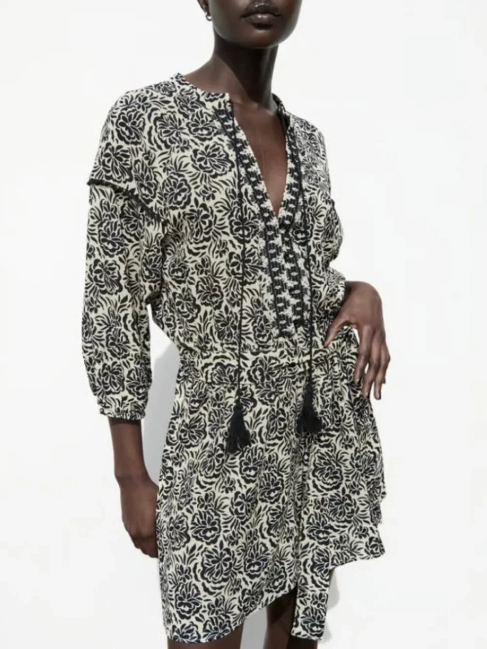 Zara | Linen Blend Floral Print Belted Romper with Tassels | Size	Large